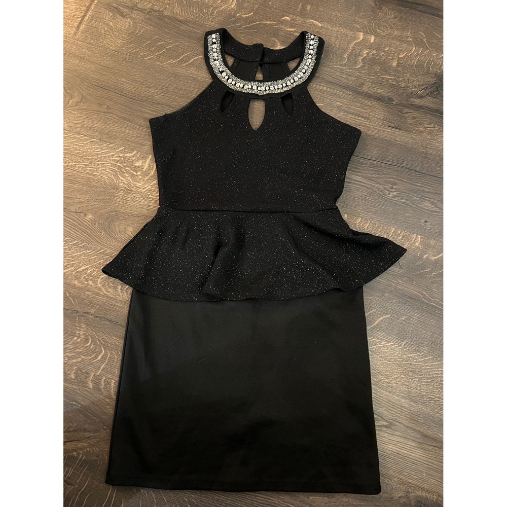 Deb Little Black Dress Peplum Halter Jeweled Neck Party Dress‎ S